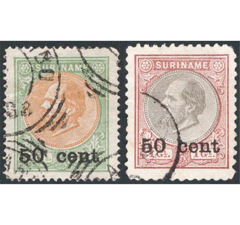 Suriname (Colonie Olandesi) - 1899 - Guglielmo II 50 c. su 1 gulden + 50 c. su 2,50 gulden, i due alti valori della serie, n° 39