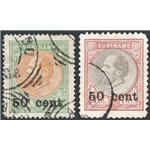 Suriname (Colonie Olandesi) - 1899 - Guglielmo II 50 c. su 1 gulden + 50 c. su 2,50 gulden, i due alti valori della serie, n° 39