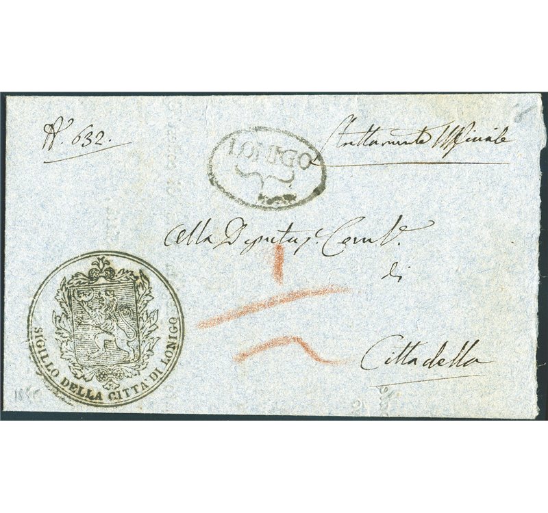 Prefilateliche - Lombardo Veneto - 13/5/1835 - Piego di lettera da Lonigo per Cittadella con annullo ovale con fregio senza data