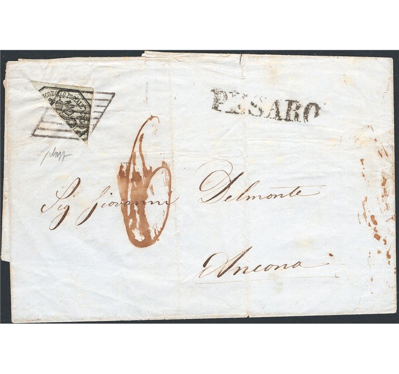 Antichi Stati - Pontificio - Frazionati - 1852 - Piego di lettera da Pesaro per Ancona affrancato con 6 baj grigio verdastro tag