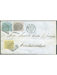 Antichi Stati - Pontificio - 8/8/1870 - Eccezionale lettera tricolore, da Roma per Civitavecchia affrancata con 2 c. verde giall