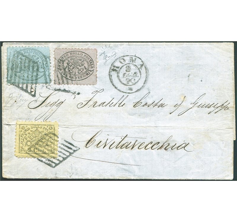 Antichi Stati - Pontificio - 8/8/1870 - Eccezionale lettera tricolore, da Roma per Civitavecchia affrancata con 2 c. verde giall