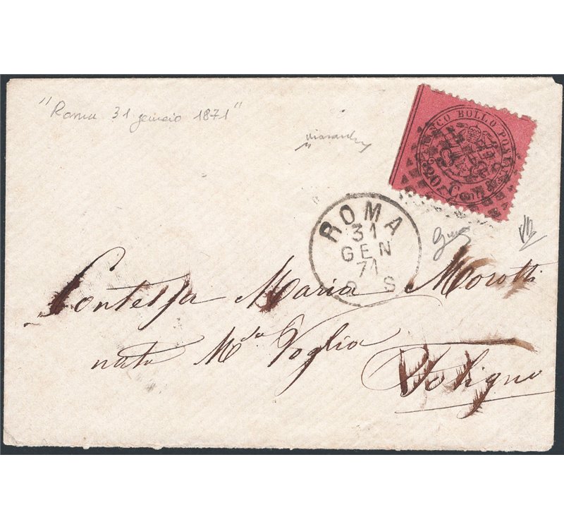 Antichi Stati - Pontificio Occup. Italiana - 31/01/1871 - Lettera da Roma per Foligno viaggiata in tariffa ed affrancata con 20 