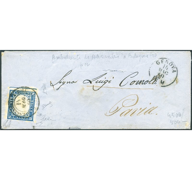 Antichi Stati Italiani - Sardegna - 14/5/1860 - Lettera da Genova per Pavia affrancata con 20 c. indaco (n° 15E) e viaggiata per