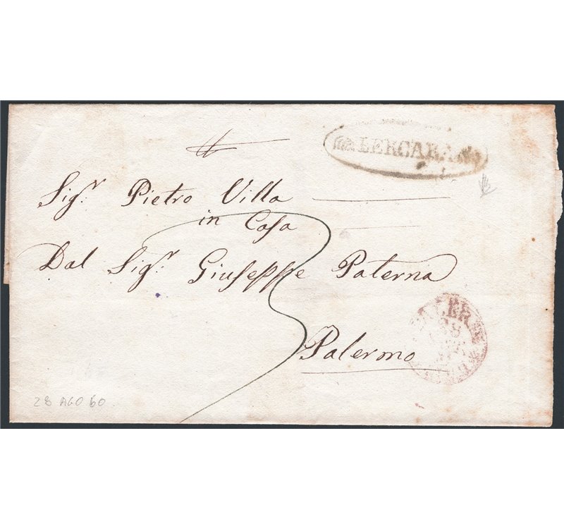 Antichi Stati Italiani - Sicilia - 28/8/1860 - Piego di lettera da Lercara per Palermo non affrancata con annullo ovale con freg