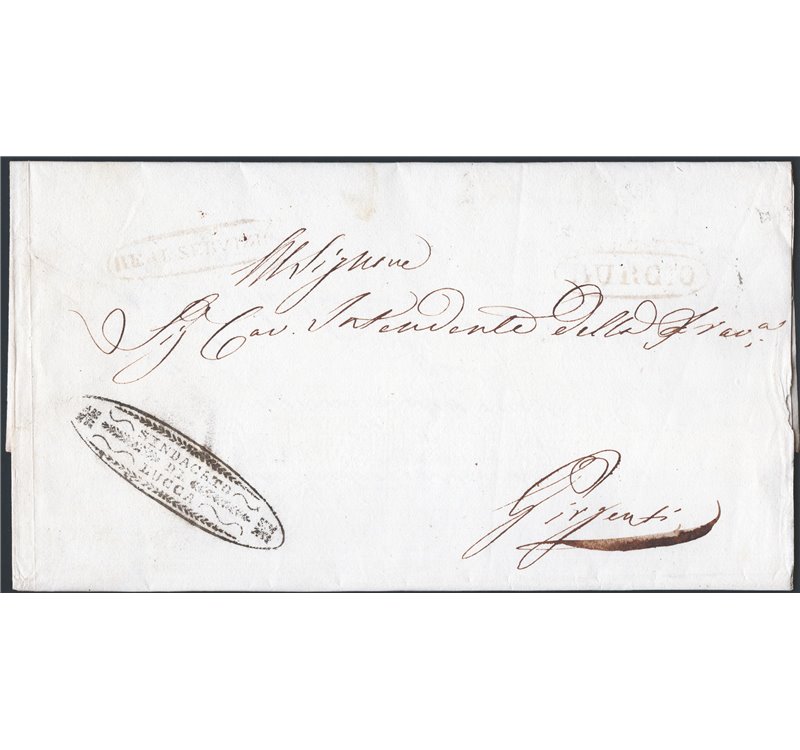 Antichi Stati Italiani - Sicilia - 01/6/1851 - Piego di lettera con testo completo da Lucca per Girgenti in franchigia annullata