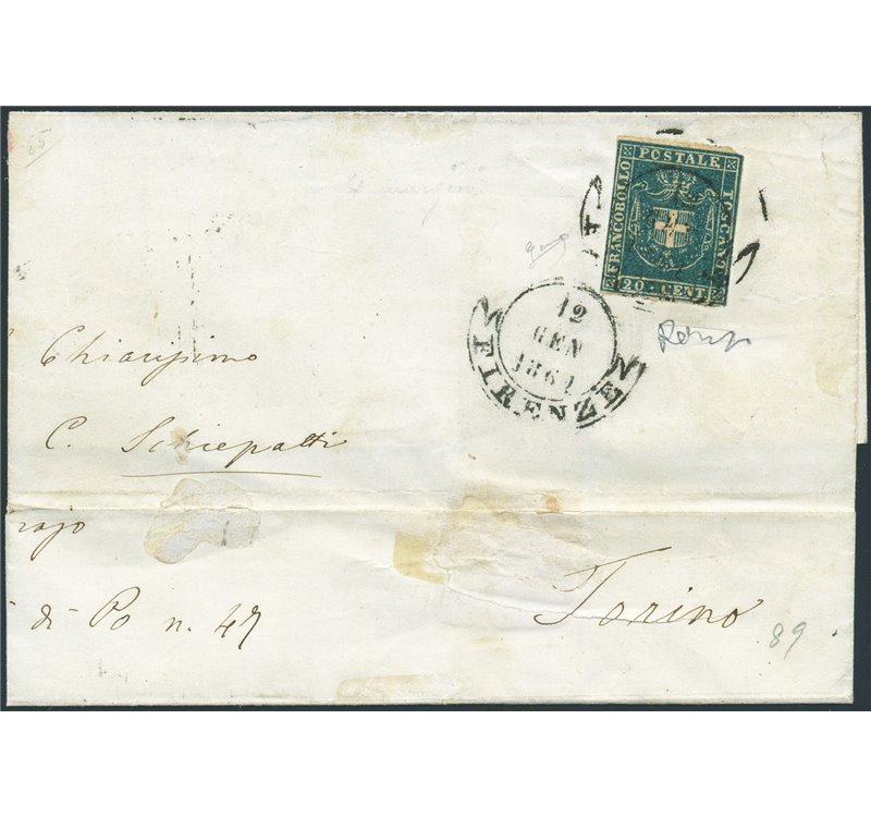Antichi Stati Italiani - Toscana - 12/1/1861 - Lettera da Firenze per Torino con 20 c. azzurro del Governo Provvisorio, n° 20, a