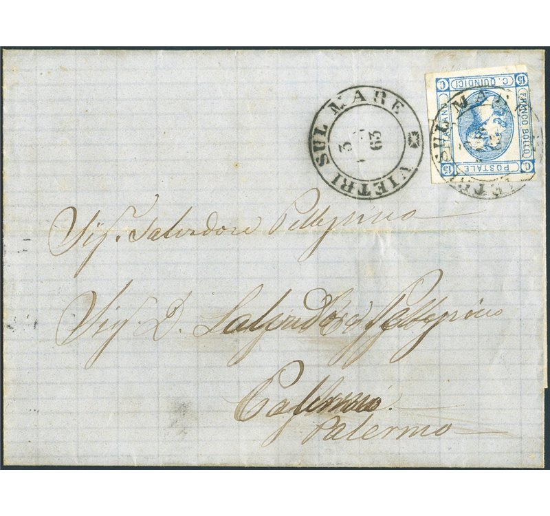 Italia Regno - 3/7/1863 - Lettera da Vietri sul Mare per Palermo affrancata con 15 c. azzurro 1° tipo litografico n° 12 annullat