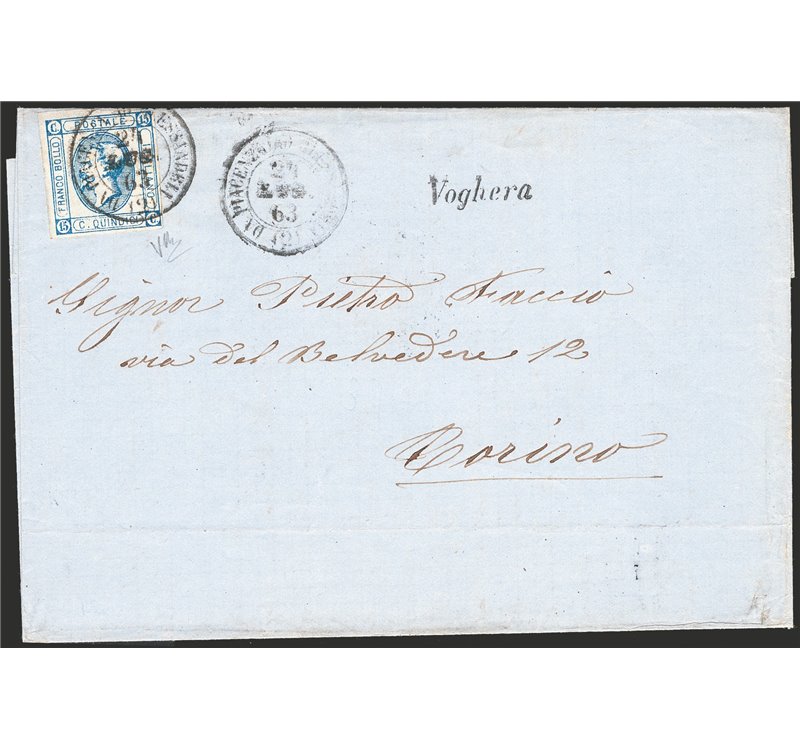 Italia Regno - 24/7/1863 - Lettera da Voghera per Torino con 15 c. litografico 1° tipo, n° 12, annullato con ambulante “Da Piace