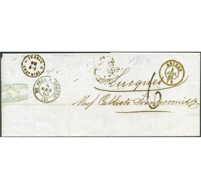 Italia Regno - 6/1/1865 - Lettera da Avversa (Belgio) per Lucca non affrancata e tassata all'arrivo, al verso annullo di Anversa