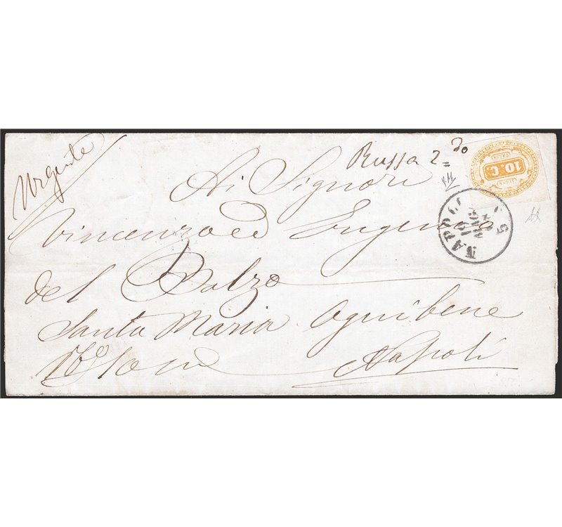 Italia Regno - 19/5/1868 - Lettera da Napoli per città affrancata per segnatasse da 10 c. giallo n° 1 regolarmente timbrato con 