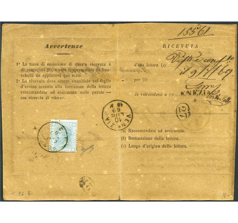 Italia Regno - 9/7/1869 - Venezia, ricevuta di ritorno, di una lettera raccomandata, affrancata con Vittorio Emanuele 20 c. cele