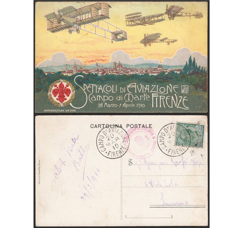 Italia Regno - Precursori e Pionieri - 29/03/1910 - Firenze Spettacoli di Aviazione, cartolina della manifestazione affrancata c