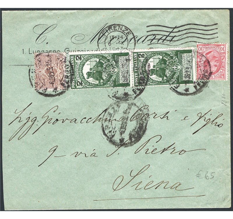 Italia Regno - 6/10/1913 - Lettera da Firenze per Siena affrancata in tariffa con 1 c. Floreale + 10 c. Leoni + 2 c. su 5 (x2), 