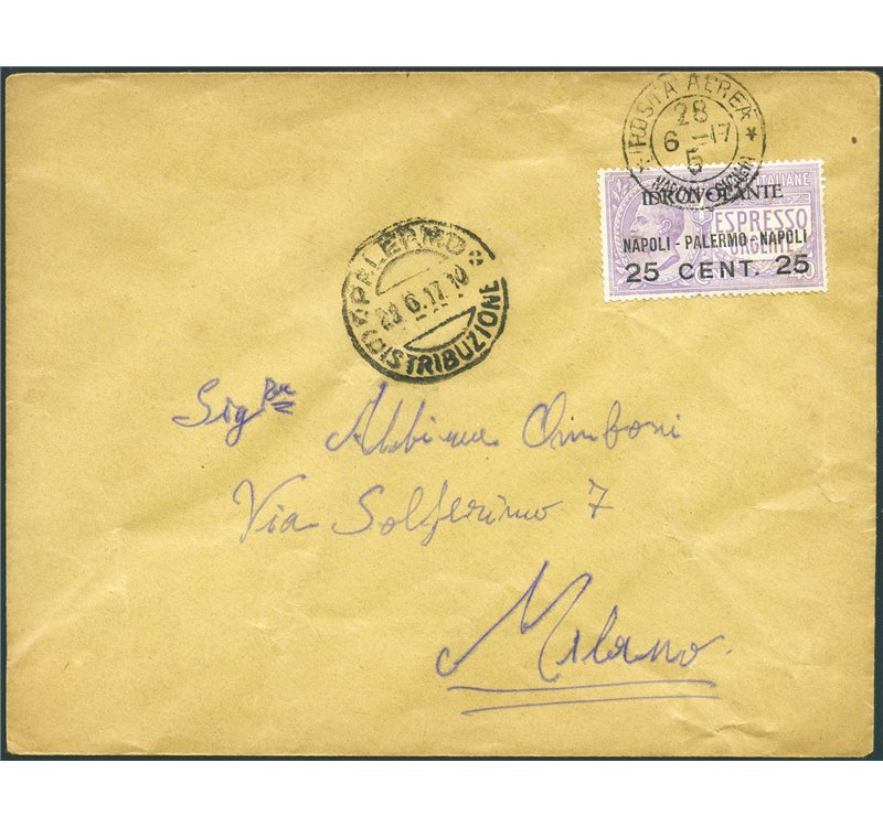 Italia Regno - 28/6/1917 - 1° Volo Napoli - Palermo - Napoli, P.A. n° 2. Cat. € 150