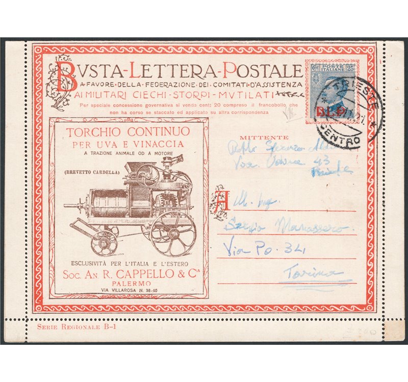 Italia Regno - 2/11/1921 - Busta lettera postale da Trieste per Torino affrancata con BLP 25 c. azzurro 1° tipo n° 3. Arrivo al 