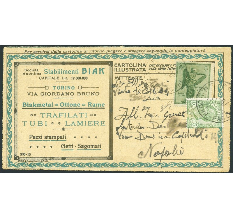 Italia Regno - 15/12/1922 - Cartolina di ritorno B.L.P. affrancata in tariffa per stampe da 10 c. con 5 c. Vittoria + 5 c. Leoni