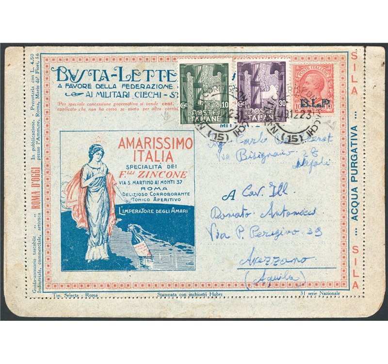 Italia Regno - 9/12/1923 - Busta lettera postale da Napoli per Avezzano affrancata in tariffa con B.L.P. 10 c. rosa 3° tipo con 