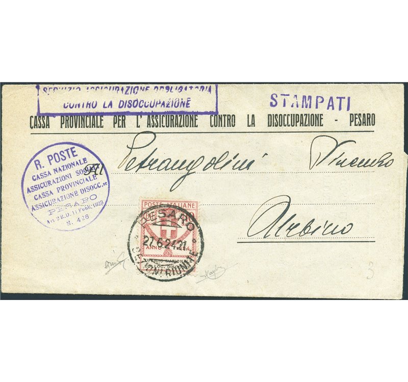 Italia Regno - 27/6/1924 - Piego di lettera circolare dell'ufficio Naz. Colloc. Disoccupati da Pesaro per Urbino affrancata in t