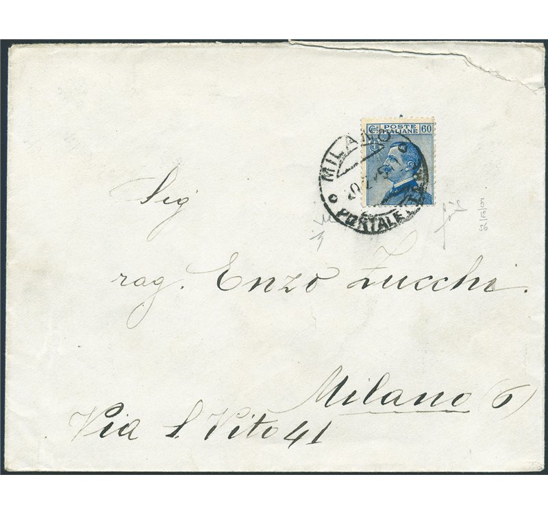 Italia Regno - 20/2/1925 - Lettera da Milano per città affrancata con 60 c. azzurro in uso isolato. Firm.: Chia - Fiecchi. Cat. 