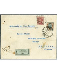 Italia Regno - 15/6/1925 - Assicurata da Milano per Vittoria (Siracusa) affrancata in tariffa con 2 £ Floreale + 60 c. carminio.