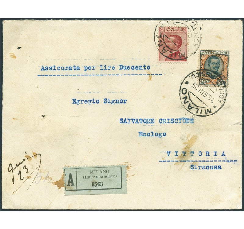 Italia Regno - 15/6/1925 - Assicurata da Milano per Vittoria (Siracusa) affrancata in tariffa con 2 £ Floreale + 60 c. carminio.