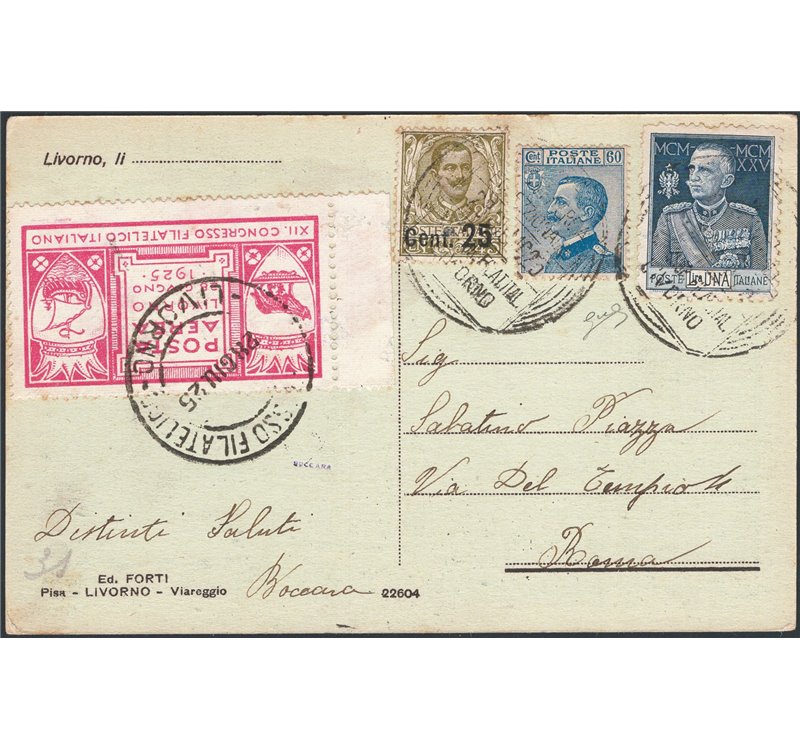 Italia Regno - 28/6/1925 - Cartolina da Livorno per Roma spedita per posta aerea il primo giorno del “XII Congresso Filatelico I