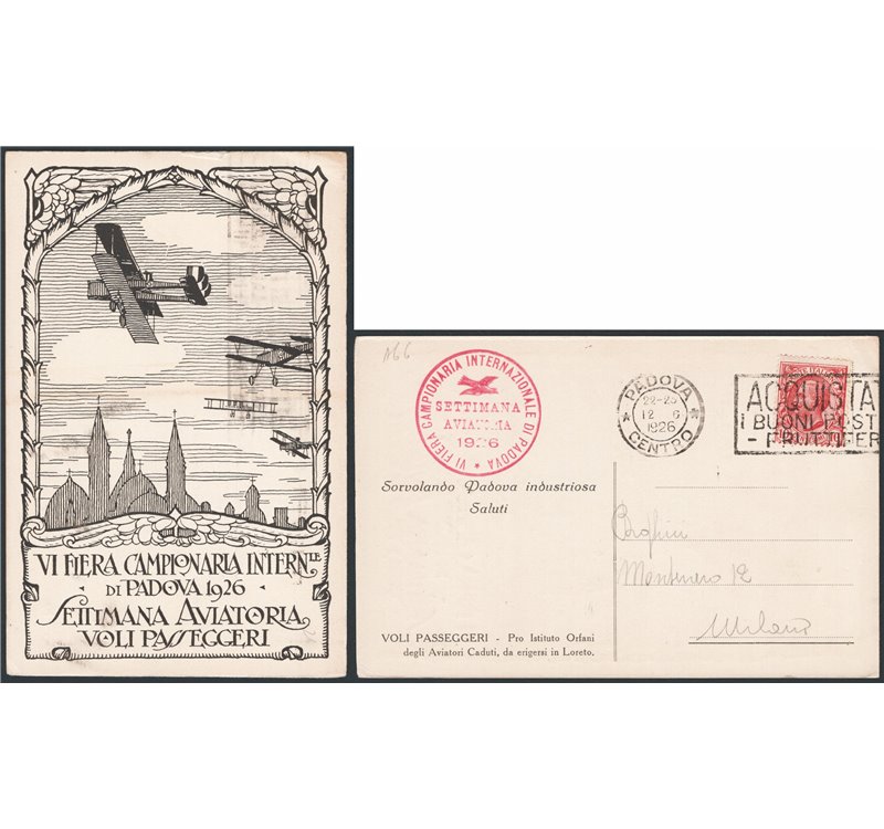 Italia Regno - 7/6/1926 - Padova Settimana Aviatoria, cartolina voli passeggeri, Sass. voli n° 64. Cat. € 125