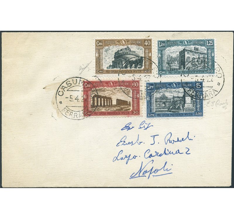 Italia Regno - 5/4/1927 - Lettera filatelica da Casumaro (Fe) per Napoli (ditta Ravel) affrancata con serie "Milizia I", n° 206/