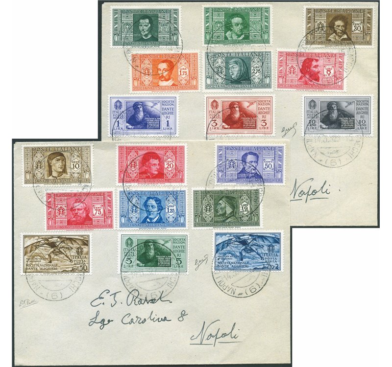 Italia Regno - 14/3/1932 - 2 Lettere filateliche affrancate con serie "Pro Società Dante Alighieri" ed annullate a Napoli il pri