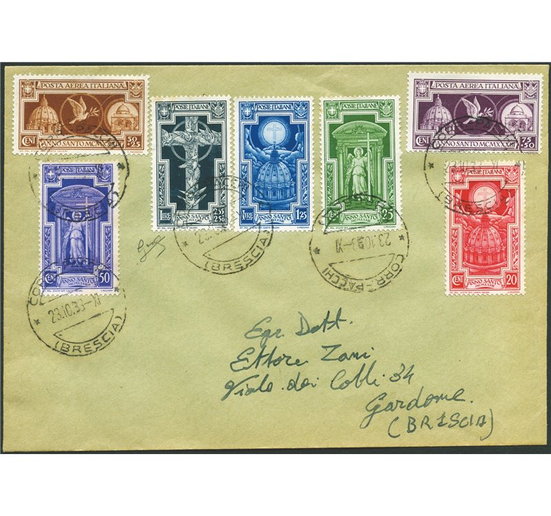 Italia Regno - 23/10/33 - Lettera FDC da Brescia per Gardone Riviera affrancata filatelicamente con serie "Anno Santo", n° 345/4