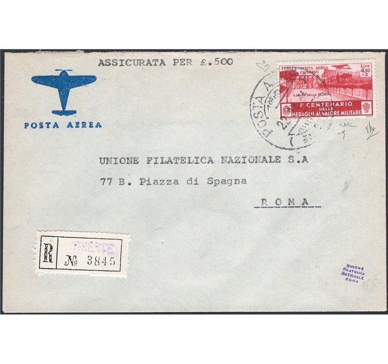 Italia Regno - 22/12/1934 - Raccomandata, assicurata per via aerea da Trieste per Roma, affrancata  con Medaglie al Valore espre