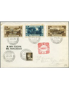 Italia Regno - 27/6/1936 - Lettera filatelica affrancata con serie erinnofila emessa in occasione della "IX Fiera Filatelica Tos