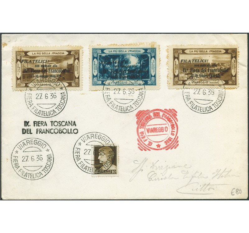 Italia Regno - 27/6/1936 - Lettera filatelica affrancata con serie erinnofila emessa in occasione della "IX Fiera Filatelica Tos