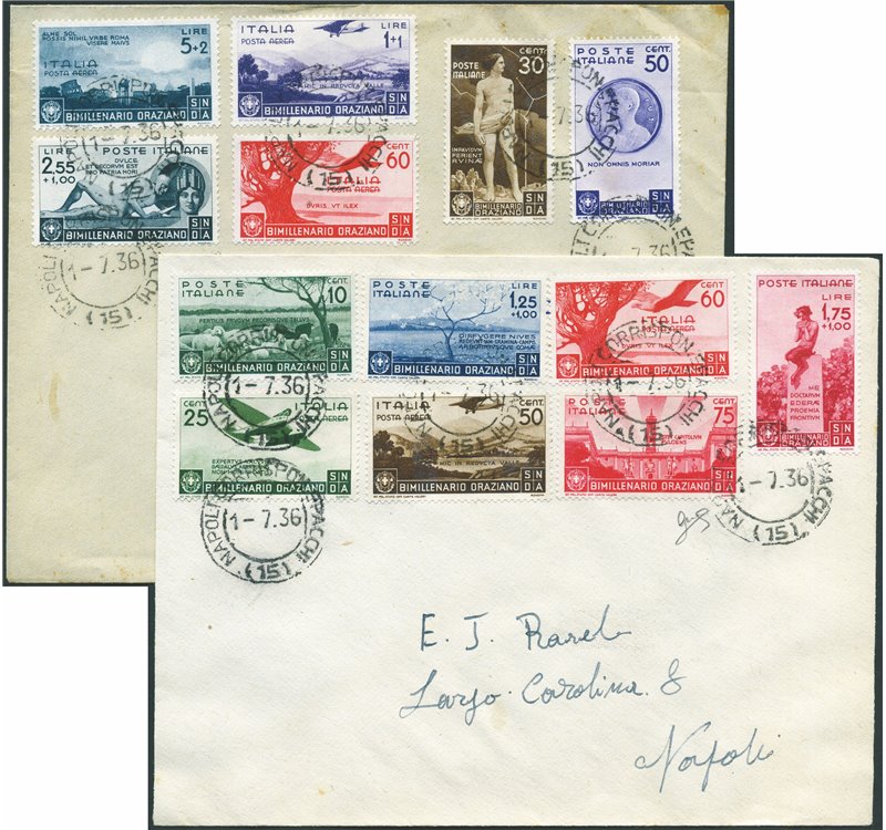 Italia Regno - 1/7/1936 - 2 Lettere FDC da Napoli per città affrancata con serie "Bimillenario Oraziano" n° 398/405 + P.A. 95/99