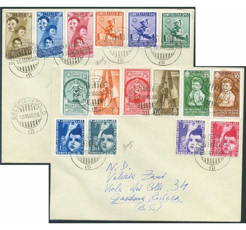 Italia Regno - 18/5/1938 - 2 Lettere di matrice filatelica da Brescia Edolo per Gardone affrancate: una con serie ordinaria Colo