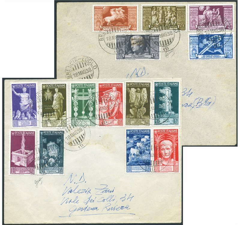 Italia Regno - 18/5/1938 - 2 Lettere da Edolo per Gardone Riviera affrancate con serie ordinaria ed aerea di Augusto n° 416/25 +