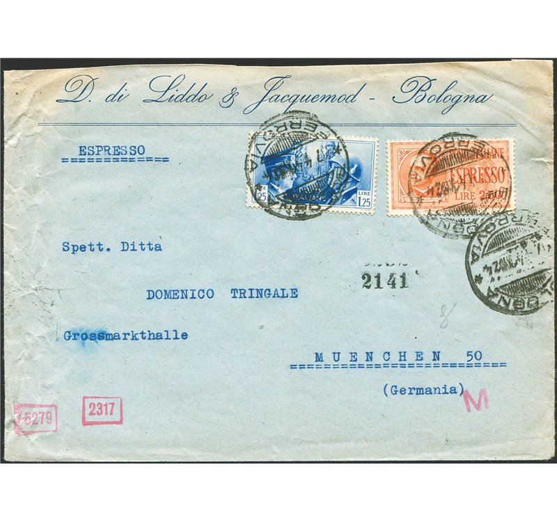 Italia Regno - 1941 - Lettera da Bologna per Monaco (Germania), con Asse 1,25 £ n° 457 + Ex 2,50 £ n° 16. Al verso fascetta di c