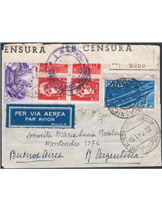 Italia Regno - 20/7/1941 - Raccomandata da Roma per Buenos Aires viaggiata per via aerea, affrancata con Imperiale coppie del 2 