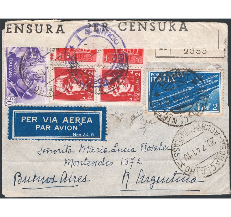 Italia Regno - 20/7/1941 - Raccomandata da Roma per Buenos Aires viaggiata per via aerea, affrancata con Imperiale coppie del 2 