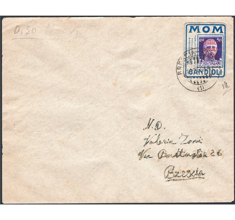 R.S.I. - 14/2/1944 - Lettera da Edolo per Brescia affrancata con Imperiale 50 c. con sovrastampa tipo “n” “Repubblica Sociale It