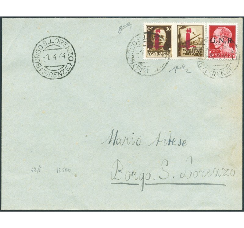 R.S.I. - 1/4/1944 - Lettera da Borgo S. Lorenzo per città affrancata con Prop. di guerra, 30 c. esercito n° 42 + 20 c. "G.N.R." 