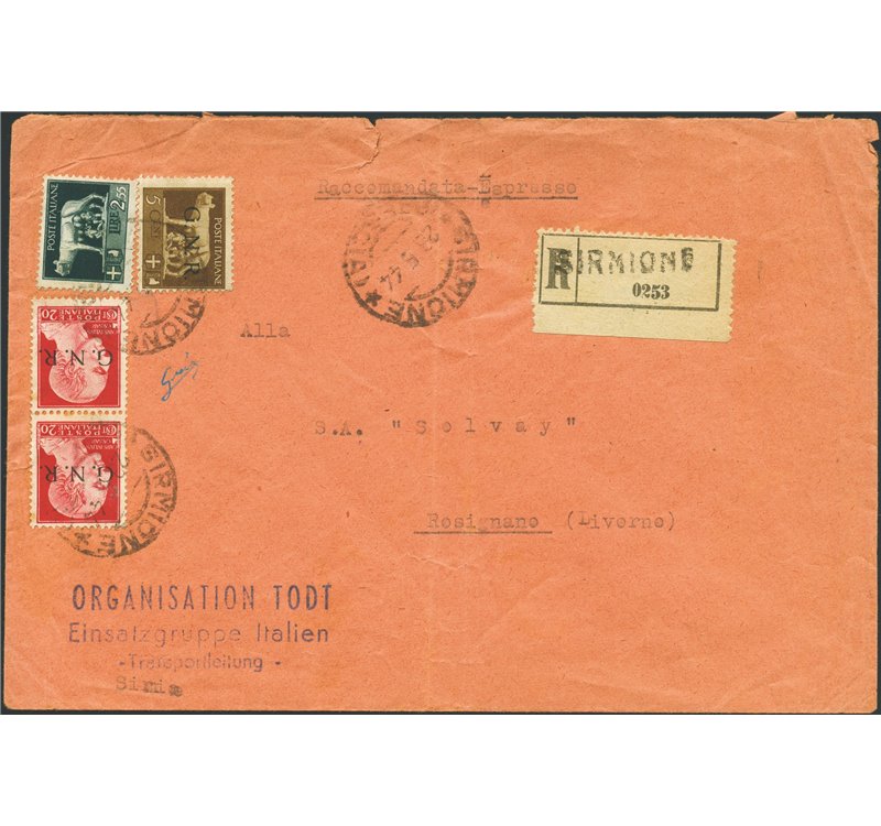 R.S.I. - 28/5/1944 - Raccomandata da Sirmione (Organisation TODT: Ditta Nazista per Costruzioni Militari) per Rosignano (Ditta S