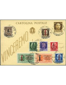 R.S.I. - 21/9/1944 - Intero postale Imperiale 30 c. bruno "Vinceremo" affrancato sul retro con serie segnatasse fascetto e sul f