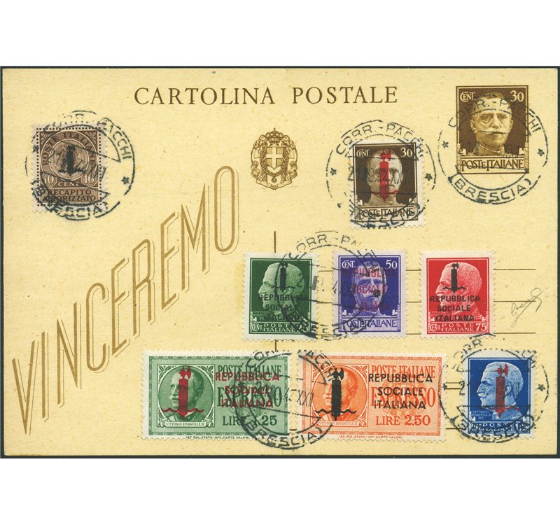 R.S.I. - 21/9/1944 - Intero postale Imperiale 30 c. bruno "Vinceremo" affrancato sul retro con serie segnatasse fascetto e sul f
