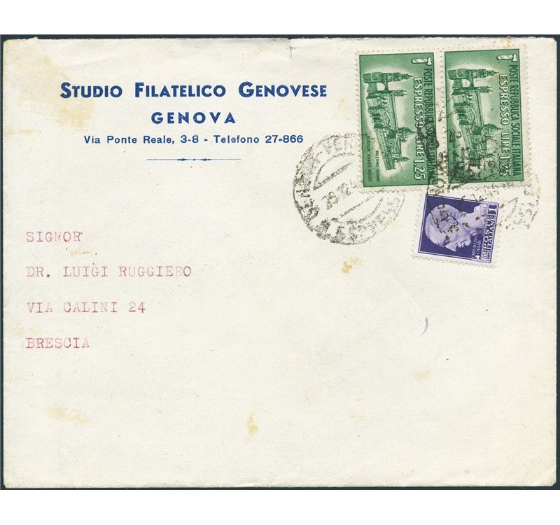 R.S.I. - 29/12/1944 - Lettera espresso da Genova per Brescia con coppia serie Duomo di Palermo Ex 1,25 £ + Imperiale 1 £