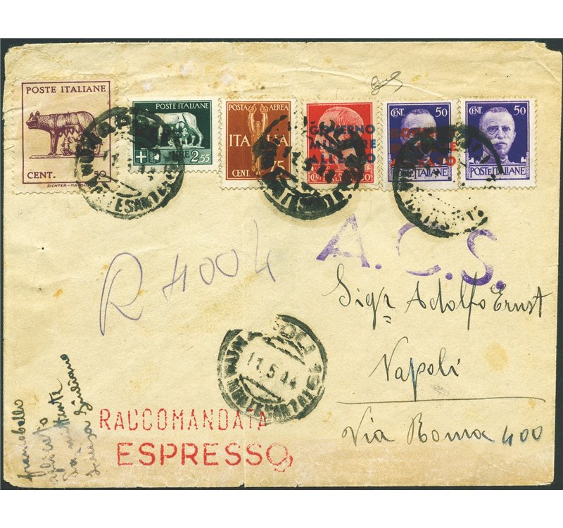 Governo Militare Alleato - Regno del Sud - Governo Badoglio - 11/5/1944 - Raccomandata espresso da Napoli per città affrancata c