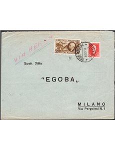 Occup. Italiane - Albania -14/10/1939 - Lettera da Tirana per Milano in tariffa per 35 quin affrancata con P.A. 20 quin bruno + 