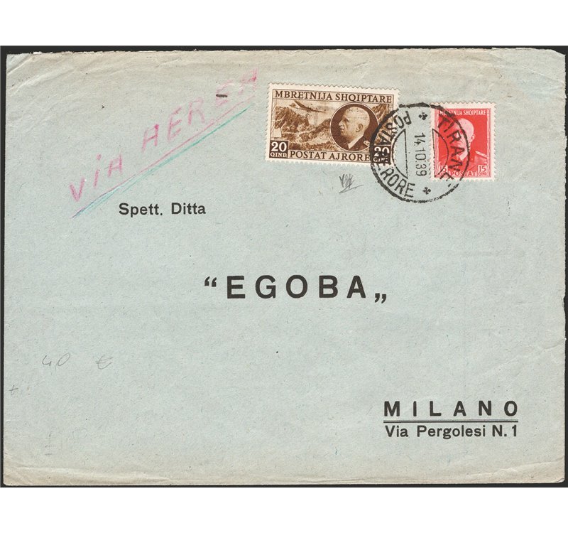 Occup. Italiane - Albania -14/10/1939 - Lettera da Tirana per Milano in tariffa per 35 quin affrancata con P.A. 20 quin bruno + 