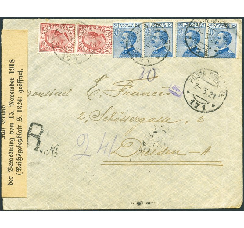 Uff. Post. all'Estero - Levante - Smirne - 2/3/1921 - Raccomandata da Smirne per la Germania (Dresda) affrancata con Michetti 25